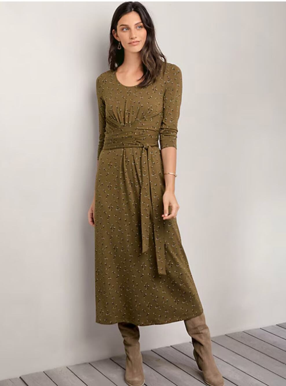 new garnet hill long sleeve floral Ballet-Wrap Knit Midi Dress size medium